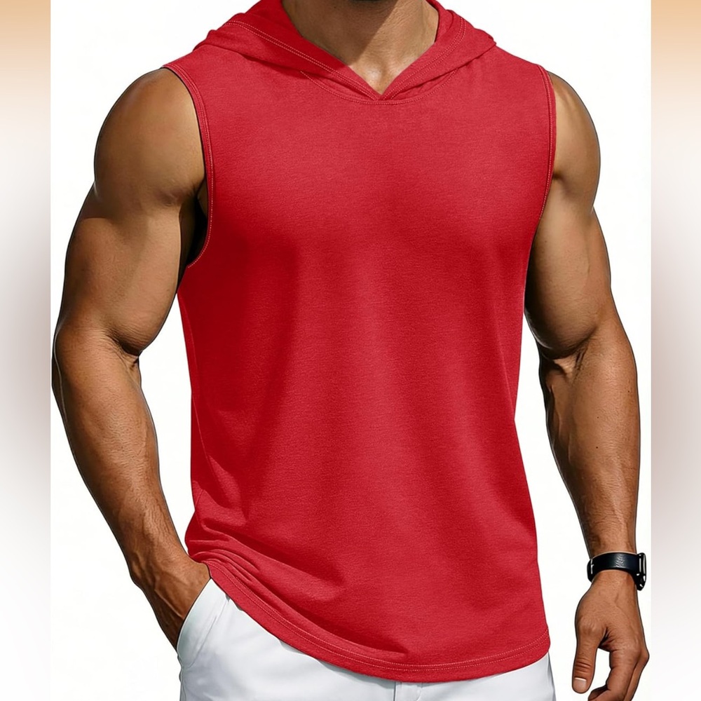 NWT. Men's Red Sleeveless Hoodie Tank Top